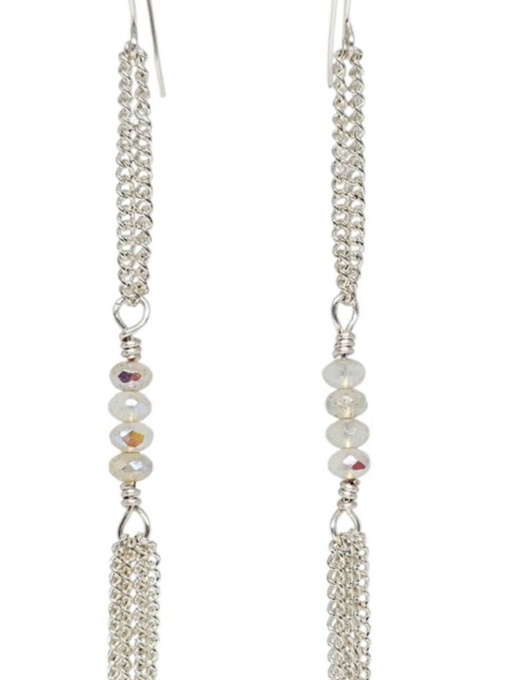 Czech Ivory Crystal Beaded Silver Long Chain Dangle Earrings Handmade Boho